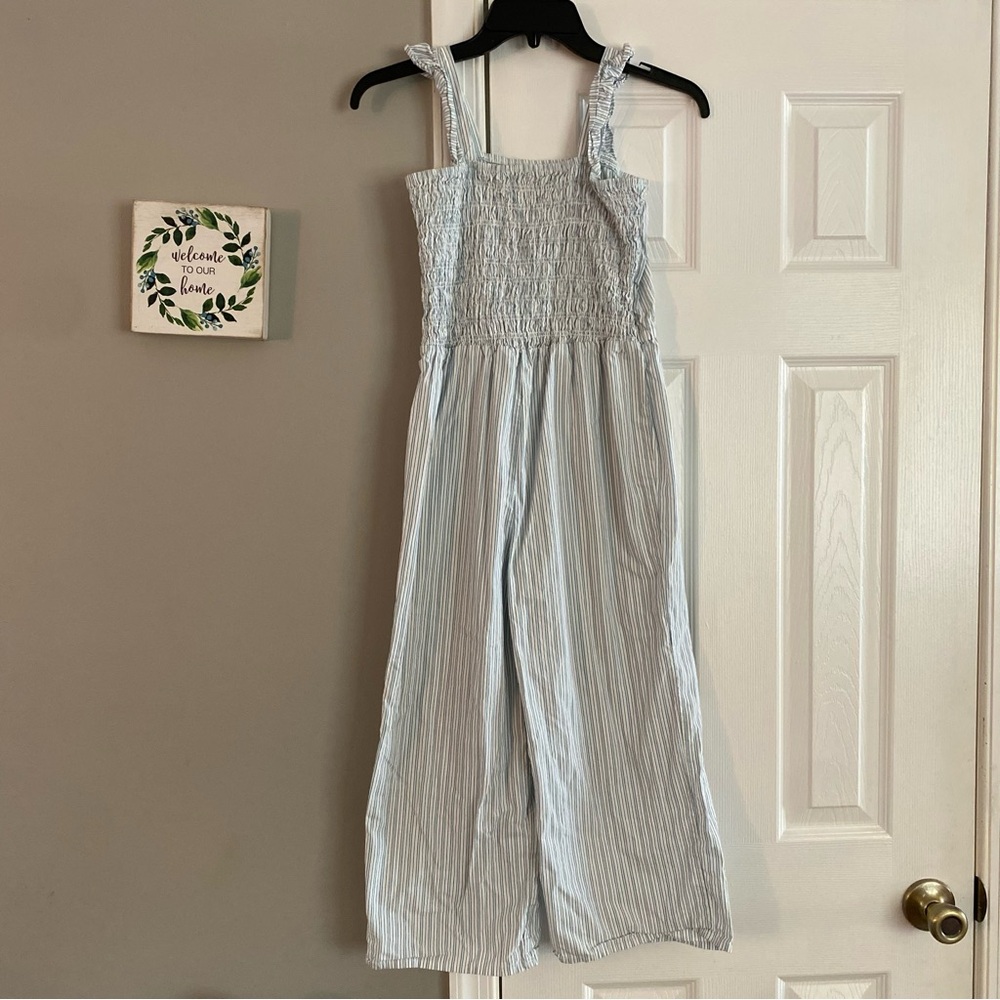 Carters Girls Sleeveless Flutter Tank Jumpsuit White Blue Stripe Smocked Size 12
